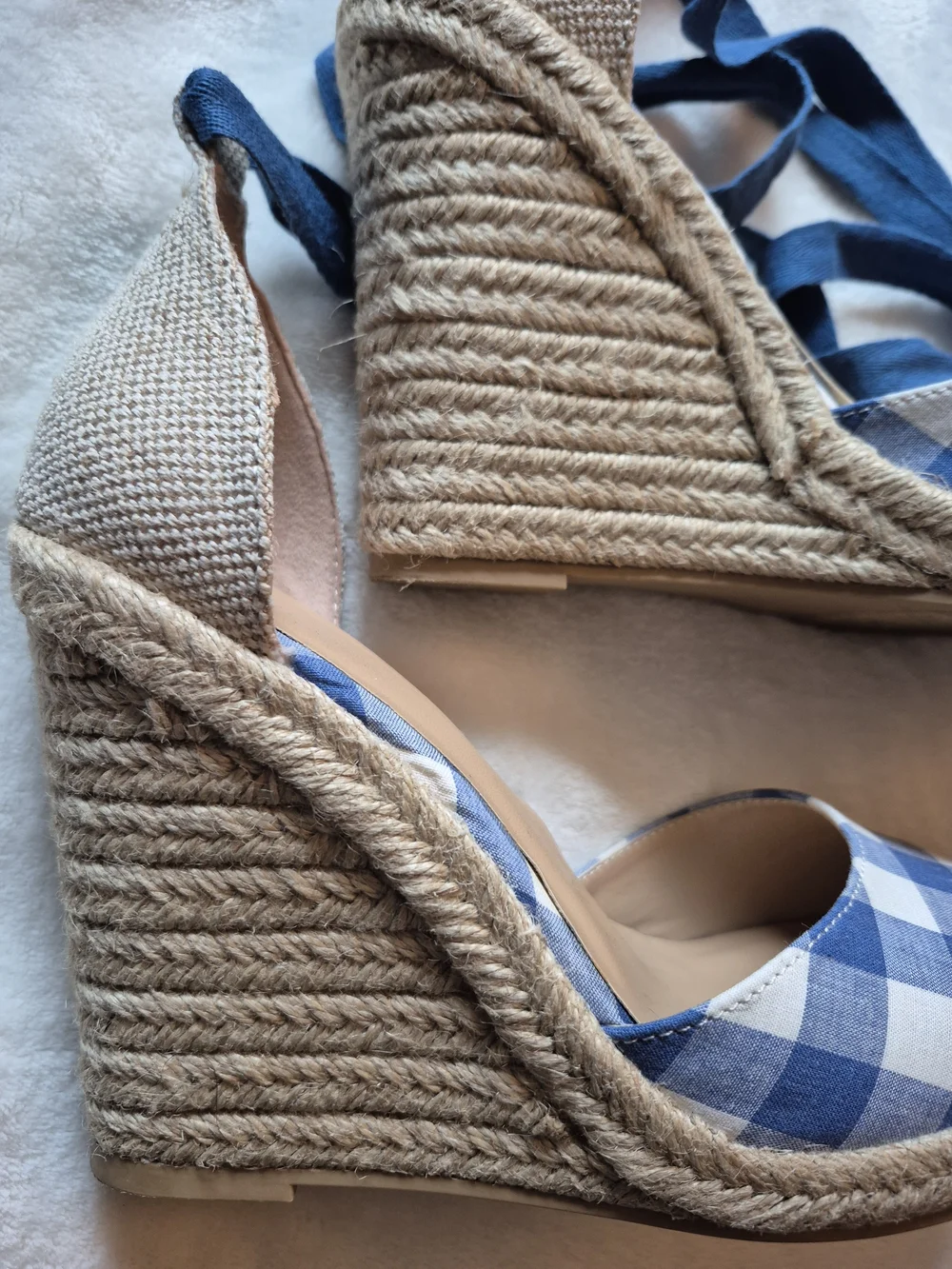 JustFab Blue and White Gingham Espadrille Wedge Sandals with Ankle Wraps
